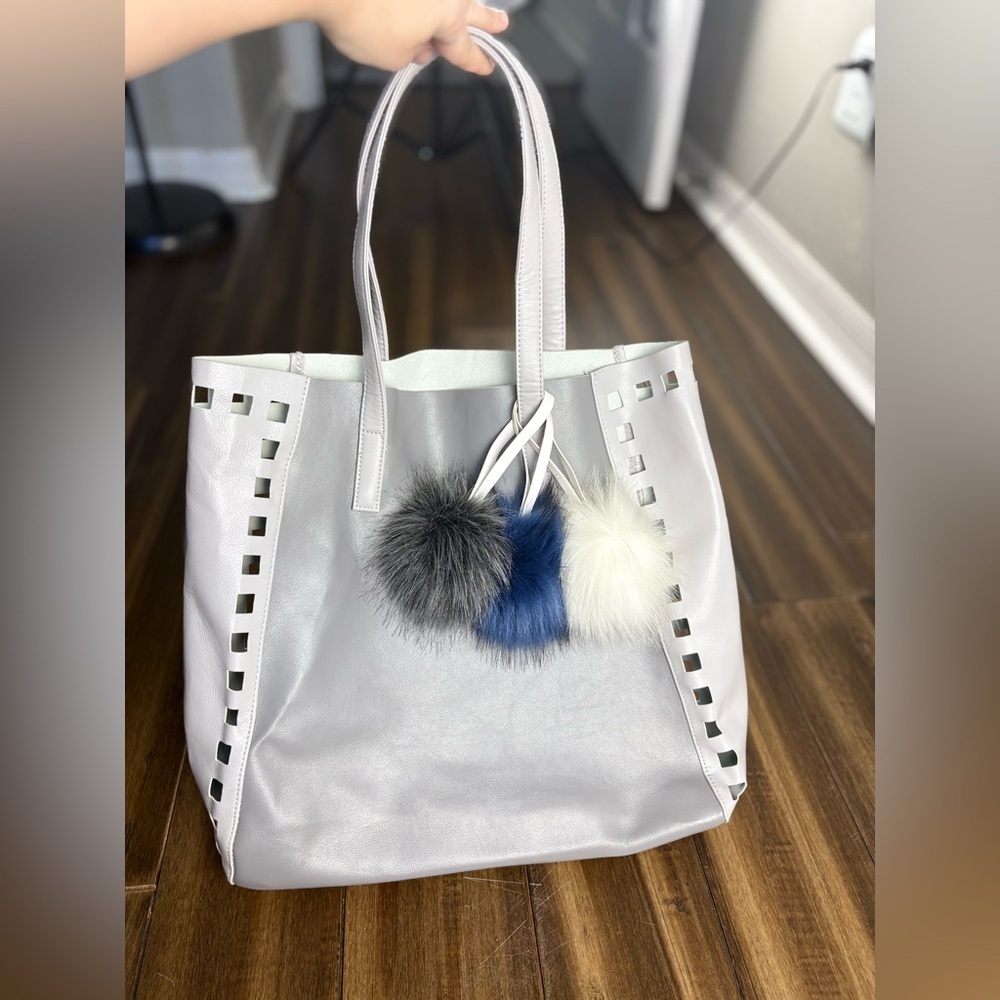 Gray Blue Tote Bag Pom Poms w/ cut out, felt lined y2k